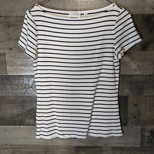 Cyrus White and Black Striped Short Sleeve Boatneck Tee